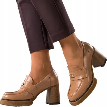 Dámské mokasíny Mokasíny Dámské Kožené Camelové POLSKÉ s Ozdobou Široký Blokový Podpatek vel. 37