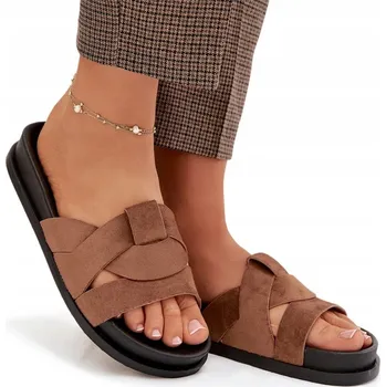 Dámské pantofle NAZOUVÁKY DÁMSKÉ Z EKO SEMIŠE S PÁSKY NA PLATFORMĚ HNĚDÉ VEL. 38