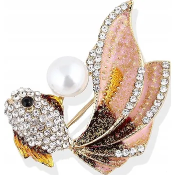 Brož Brož ryba s perlou a zlatými krystalky