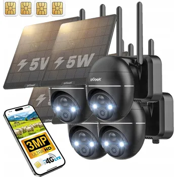 IP kamera 4 kusy VENKOVNÍ OTOČNÁ SOLÁRNÍ KAMERA s 4G SIM kartou, 3MPx, 4x Zoom