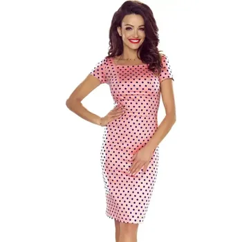 Dámské šaty Numoco 440-2 Elegantní bavlněné šaty s krátkým rukávem - růžové s tmavě modrými puntíky XS