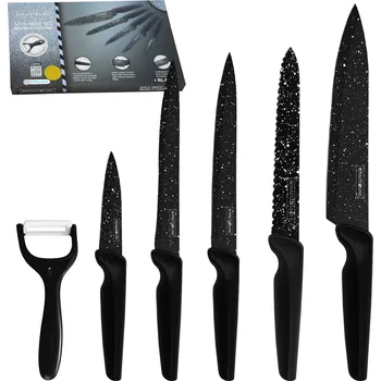 Kuchyňský nůž Royalty Line RL-MB5S 6-dílná sada nožů s mramorovým povrchem a s keramickou škrabkou, 20cm, 15cm, 13cm, 12cm, 9cm, černá
