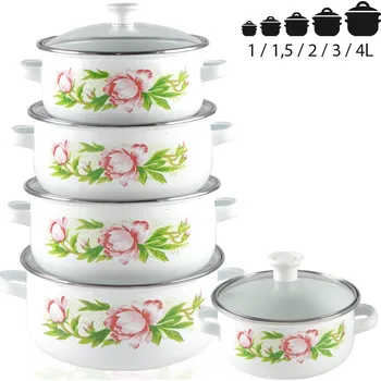 Hrnec TIDAL 1872 Smaltované hrnce KVĚTINY se skleněnými poklicemi 10ks, bílé