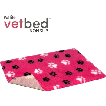 Pelíšek pro psa Vetbed protiskluz / Drybed Růžová černé a bílé packy DELUXE 100 x 75 cm, vlas 30 mm