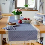 Běhoun z modrého kanafasu s širokou krajkou Vzor kanafasu: Kostičky 3x3mm, Běhoun rozměr: 45x150cm (50/150cm)