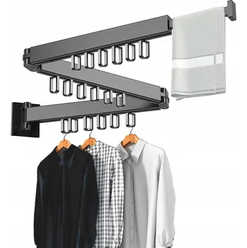 Věšák SKLÁDACÍ VĚŠÁK NA OBLEČENÍ NA ZEĎ Z HLINÍKU S 18 HÁČKY - ZASOUVACÍ