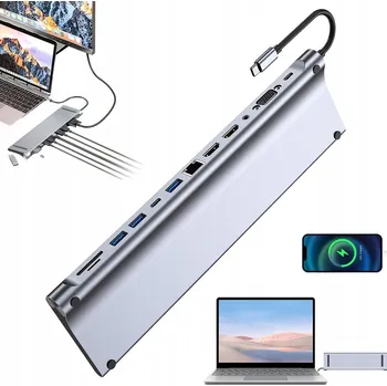 DOKOVACÍ STANICE HUB 12v1 TYPE-C HDMI 4K USB 3.0 VYSOKÁ KOMPATIBILITA ŠEDÁ