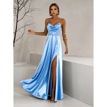 Dámské šaty Světle modré saténové dlouhé šaty LUNOREX Velikost: ONESIZE