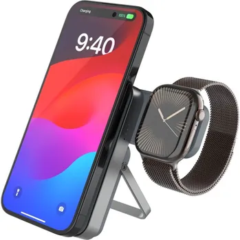 Powerbanka Powerbanka se stojánkem FIXED MagZen 5 Stand s integrovanou Apple Watch nabíječkou a podporou MagSafe, 5 000 mAh, šedá