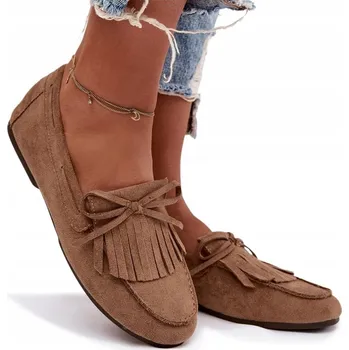 Dámské mokasíny Dámské mokasíny z eko semiše, ploché, s třásněmi, světle hnědé, velikost 38