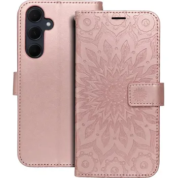 Pouzdro na mobilní telefon Flip pouzdro MEZZO Book Samsung Galaxy A37 5G Zlatá růžová mandala (Flip pouzdro na mobil MEZZO Book pro Samsung Galaxy A37 5G s motivem mandaly ve zlatě růžové barvě)