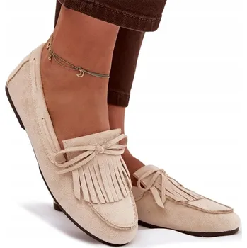 Dámské mokasíny Dámské mokasíny z eko semiše, ploché, s třásněmi, světle béžové, velikost 36