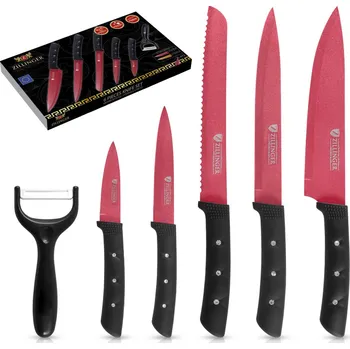 Kuchyňský nůž Zillinger ZL-872 6-dílný set nožů s keramickou škrabkou, 20 / 19,8 / 12,3 / 8,7 cm, černo-červená