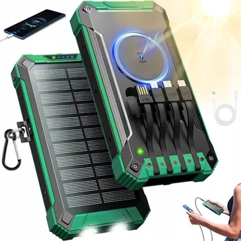Powerbanka SOLÁRNÍ POWERBANKA 4 VESTAVĚNÉ KABELY 3 PORTY BEZDRÁTOVÉ NABÍJENÍ