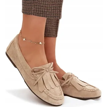 Dámské mokasíny Dámské mokasíny z eko semiše, ploché, s třásněmi a vázáním, béžové, velikost 36