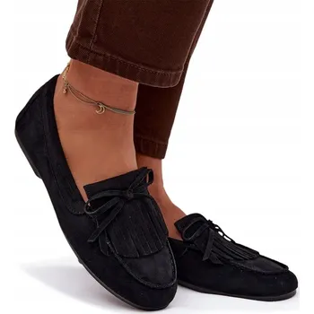 Dámské mokasíny Dámské mokasíny z eko semiše, ploché, s třásněmi, černé, velikost 36