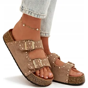 Dámské pantofle NAZOUVÁKY DÁMSKÉ EKO SEMIŠOVÉ KORKOVÉ PLATFORMY ZLATÉ PŘEZKY CVOČKY KHAKI BÉŽOVÉ 37