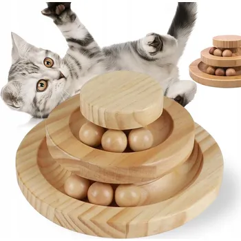 Hračka pro kočku INTERAKTIVNÍ HRAČKA PRO KOČKY DRÁHA S MÍČKY 2 ÚROVNĚ DŘEVĚNÝ KOLOTOČ