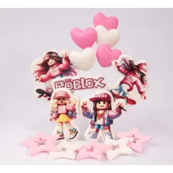 Jedlá dekorace na dort Lucie´s Sprinkles Roblox holka – jedlá dekorace, sada zápichů na dort (růžový set)