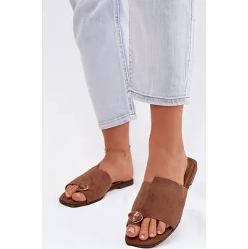 Dámské žabky Dámské ploché nazouváky s ozdobným detailem Eko semiš hnědé Selavine 41