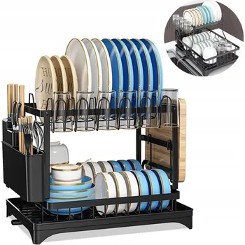 Odkapávač na nádobí Odkapávač na nádobí s odtokem, dvoupatrový odkapávač na nádobí, černý kov