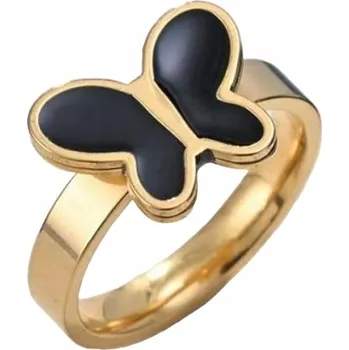 Prsten Zlatý Prstýnek s motýlem, černým achátem, elegantní a módní, z nerezové Ocel