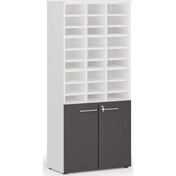 Kancelářská sestava Třídicí regál s dveřmi PRIMO WHITE, 800 x 420 x 1781 mm, 27 přihrádek, bílá / grafitová