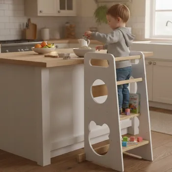 učicí věž KUCHYŇSKÝ UČÍCÍ VĚŽ do dětské kuchyně BÍLÝ / BOROVICE MEDVÍDEK