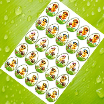 Jedlá dekorace na dort Kreslené kuřátko s košíčkem – jedlá dekorace, vajíčka 5 cm (25 ks) Fondánový list (NEVYŘEZÁNO)