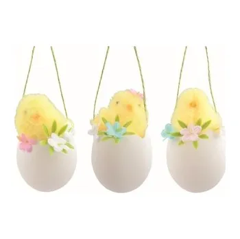 Velikonoční dekorace Kuře žluté ve skořápce s dekoracemi 6 x 11 x 6 cm na zavěšení