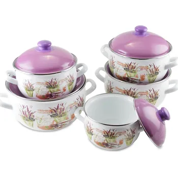 Hrnec Perfect Home Sada smaltovaných hrnců 2,2/3/3,8/4,8/6L, 10ks, bílé, levandule, 14227