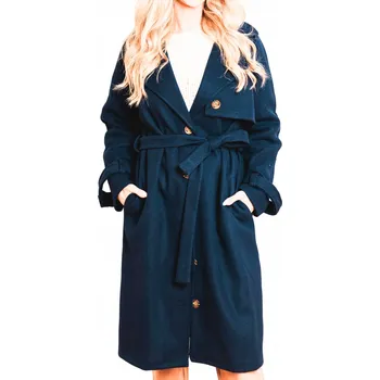 Dámský kabát Och Bella dámský kabát modrý klasický bez kapuce Dámský dlouhý kabát s páskem trenčkot velikost S