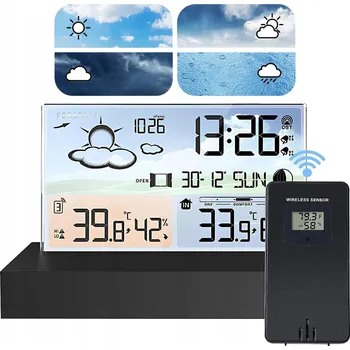 Meteostanice METEOROLOGICKÁ STANICE S ČIDLEM TEPLOTY, BAROMETREM, BUDÍKEM A HODINAMI