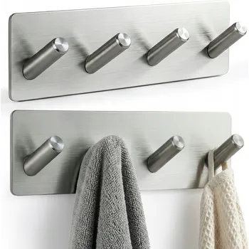 Věšák STĚNOVÝ VĚŠÁK SAMOLEPICÍ STŘÍBRNÝ NA RUČNÍK DO KOUPELNY KUCHYNĚ 4 HÁČKY