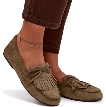 Dámské mokasíny Dámské mokasíny z eko semiše, ploché, se střapci, zelené, velikost 38