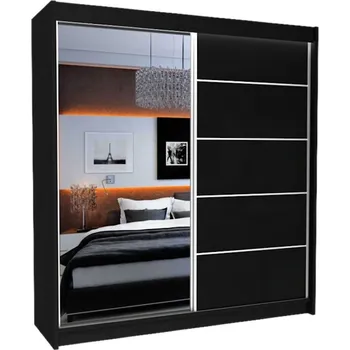 Šatní skříň Skříň s posuvnými dveřmi a zrcadlem ELVIRA Barva: černá, Rozměr: 200x216x61