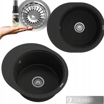 Keramický dřez DŘEZ ŽULOVÝ KUCHYŇSKÝ KULATÝ S JEDNODUCHÝM ODKAPÁNÍM, SIFONEM, CHROMEM, RAMIS