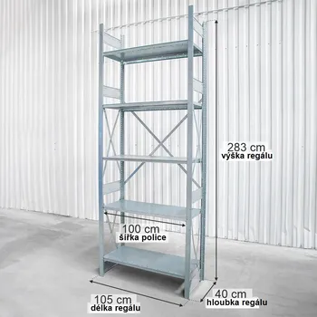 Dílenský regál Kovový skladový regál DEXION, 5-policový, modul základní, výška 283 cm, délka 105 cm, hloubka 40 cm