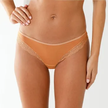 Dámské spodní prádlo Sada 3 kalhotek tanga z bavlny a krajky karamelová+kaštanová+vanilková 38/40