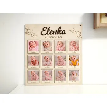 Dekorace do dětského pokoje Dřevěná deska "Můj první rok" se jménem a rámečky na fotografie s motivem větviček | D-decor