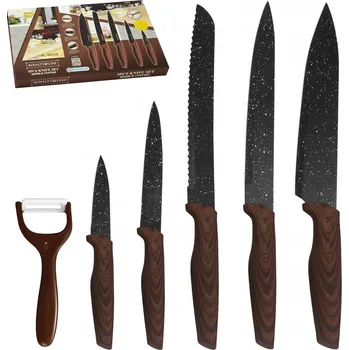 Kuchyňský nůž Royalty Line RL-WD5D 6dílná sada nožů s mramorovým povrchem a keramickou škrabkou 19,5/20/20,5/13/9 cm, šedo-hnědá