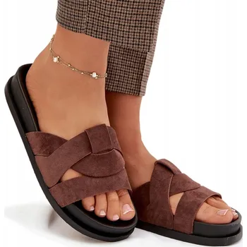 Dámské pantofle NAZOUVÁKY DÁMSKÉ EKO SEMIŠOVÉ S PÁSKY NA PLATFORMĚ TMAVĚ HNĚDÉ 39