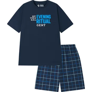 Pánské pyžamo S2675A Pánské bavlněné pyžamo s krátkým rukávem - Wolf & Wolfie S2675A, tmavě modrá Barva: Modrá tmavě, Velikost: M