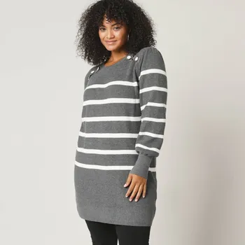 Pruhovaný tunikový pulovr s ozdobnými knoflíky šedý melír/režná 42/44