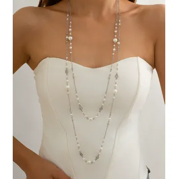 Náhrdelník B-TOP Sada 2ks dlouhých náhrdelníků s perlami a krystalky Druh barvy: Stříbrná