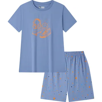 Chlapecké pyžamo Chlapecké bavlněné pyžamo s krátkým rukávem - Wolf & Wolfie S2662, šedomodrá Barva: Modrá, Velikost: 170