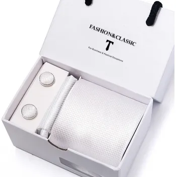 Kravata Luxusní Kravata Svatební Bílá| Manžetové knoflíčky | Kapesníček Bílá