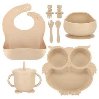 dětská jídelní sada KIK Silikonová sada nádobí pro děti Sova 8ks Béžová