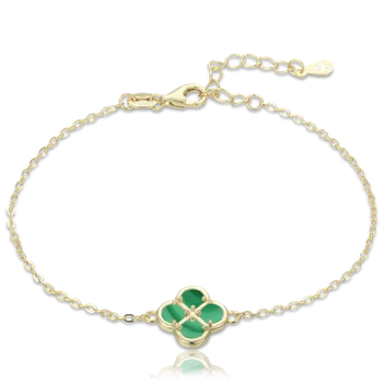 Náramek Moonlit Stříbrný pozlacený náramek s čtyřlístkem a malachitem