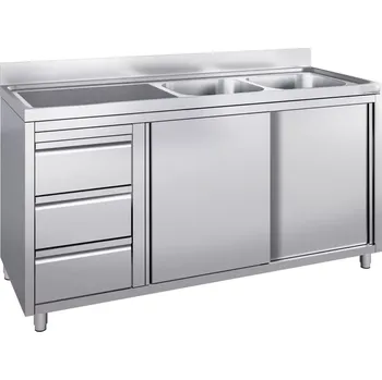 Nerezový dřez vasegastro Nerezová gastro dřezová skříňka 1800×700 mm – 2 dřezy vpravo, 3 zásuvky, posuvné dveře